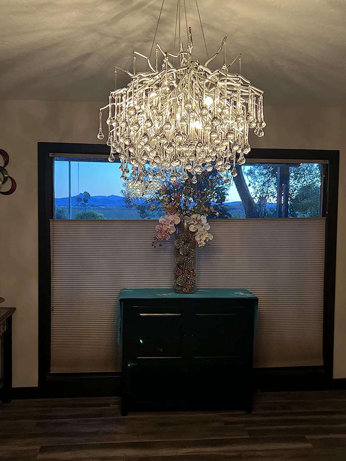 Stunning Tree Branch Crystal Chandelier with Clear Teardrop - shaped for Living/Dining Room - Rectangle L39.4”*W25.6”*H25.6”/10 Lights/27kgChromeWarm LightBlushlighting