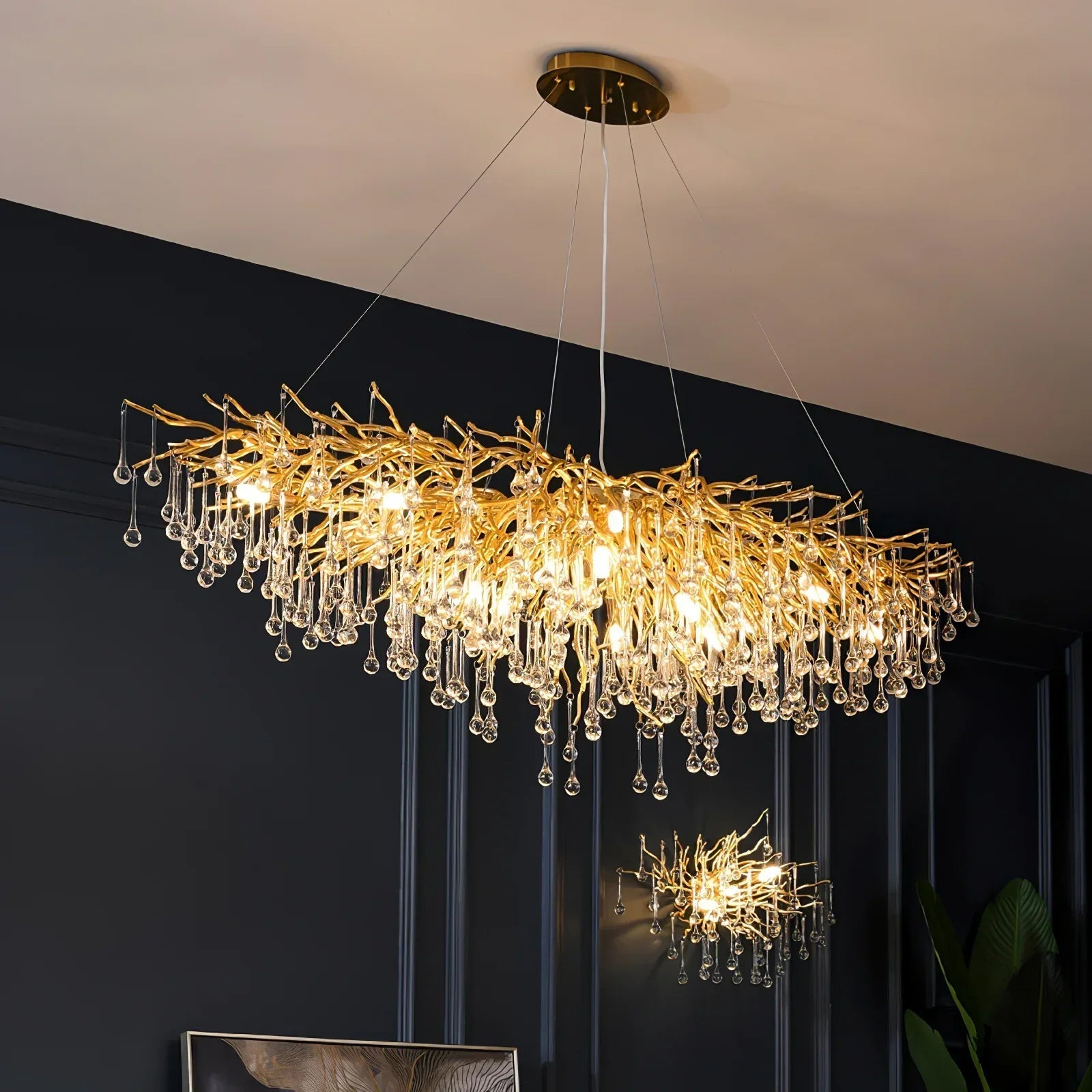 Stunning Tree Branch Crystal Chandelier with Clear Teardrop - shaped for Living/Dining Room - Round D25.6”*H15.8”/8 LightsGoldWarm LightBlushlighting