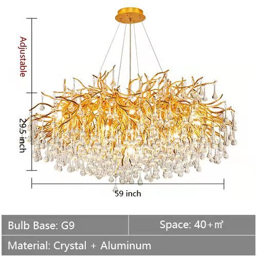 Stunning Tree Branch Crystal Chandelier with Clear Teardrop - shaped for Living/Dining Room - Round D59.1”*H29.5”/24 LightsGoldWarm LightBlushlighting