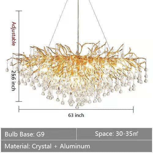Stunning Tree Branch Crystal Chandelier with Clear Teardrop - shaped for Living/Dining Room - Rectangle L63”*W25.6”*H25.6”/15 LightsGoldWarm LightBlushlighting