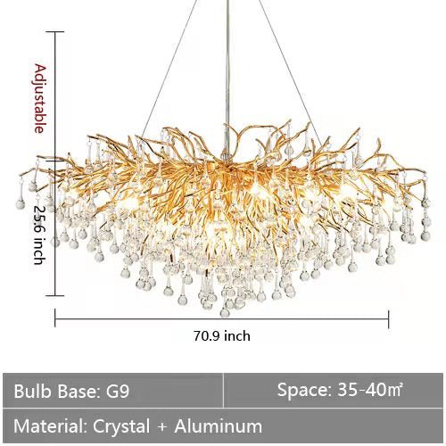 Stunning Tree Branch Crystal Chandelier with Clear Teardrop - shaped for Living/Dining Room - Rectangle L70.9”*W25.6”*H25.6”/18 LightsGoldWarm LightBlushlighting