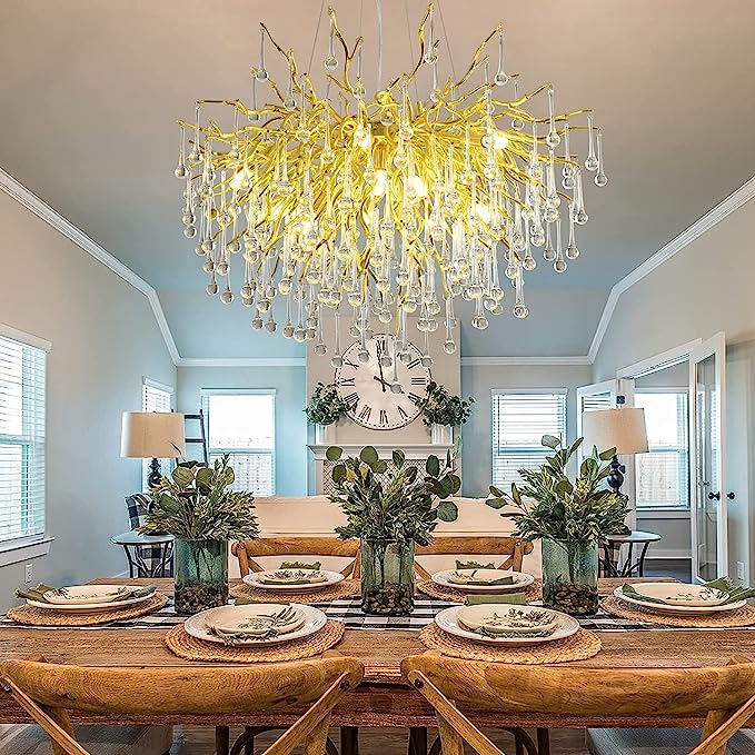Stunning Tree Branch Crystal Chandelier with Clear Teardrop - shaped for Living/Dining Room - Round D25.6”*H15.8”/8 LightsChromeWarm LightBlushlighting
