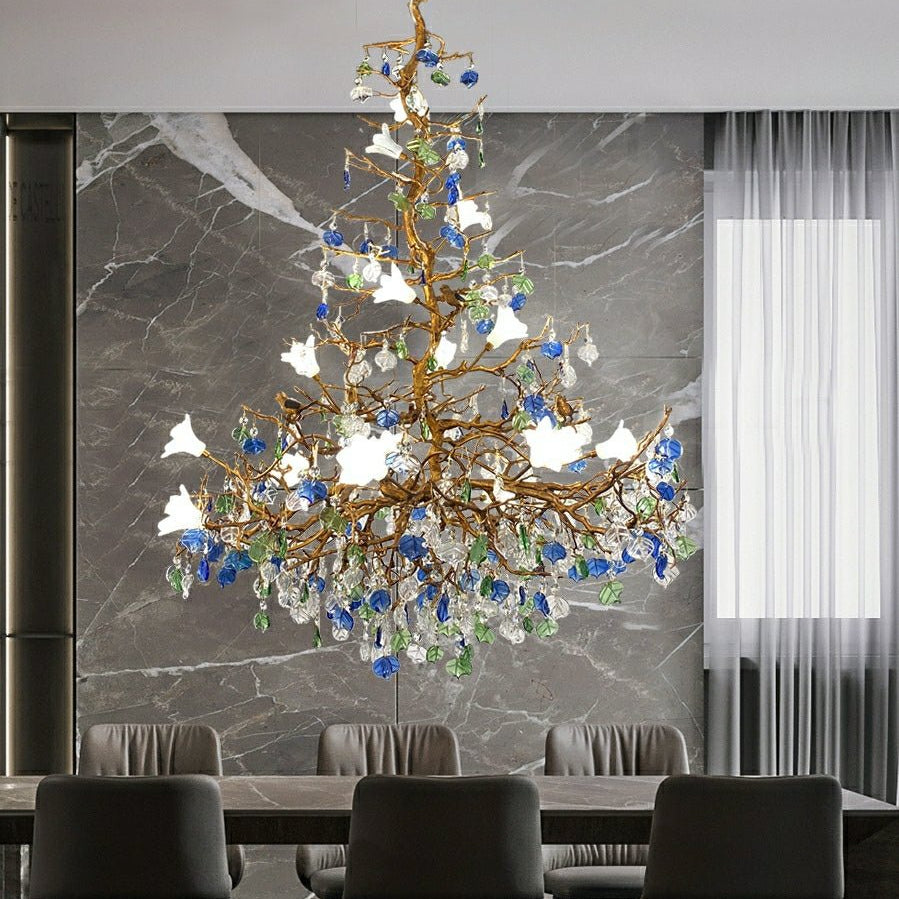 Stylish Colored Glaze Flower Crystal Chandelier Brass Tree Branch Ceiling Light For Living Room Hotel Hall - D35.4"*H43.3"/51kgWarm LightBlushlighting