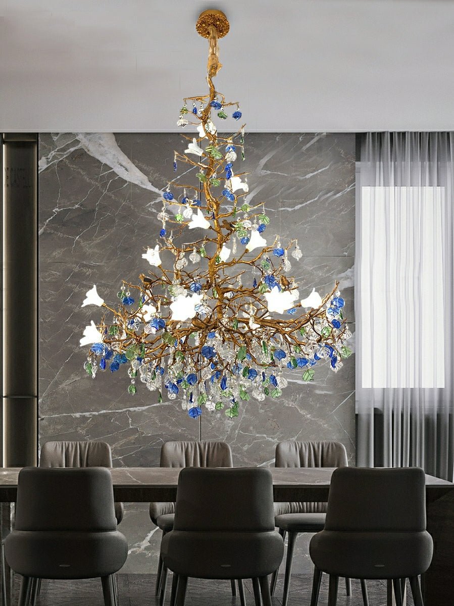 Stylish Colored Glaze Flower Crystal Chandelier Brass Tree Branch Ceiling Light For Living Room Hotel Hall - D35.4"*H43.3"/51kgWarm LightBlushlighting