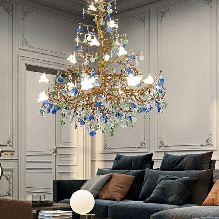Stylish Colored Glaze Flower Crystal Chandelier Brass Tree Branch Ceiling Light For Living Room Hotel Hall - D35.4"*H43.3"/51kgWarm LightBlushlighting