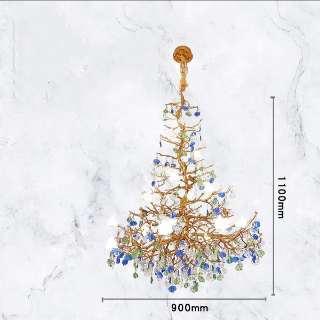 Stylish Colored Glaze Flower Crystal Chandelier Brass Tree Branch Ceiling Light For Living Room Hotel Hall - D35.4"*H43.3"/51kgWarm LightBlushlighting