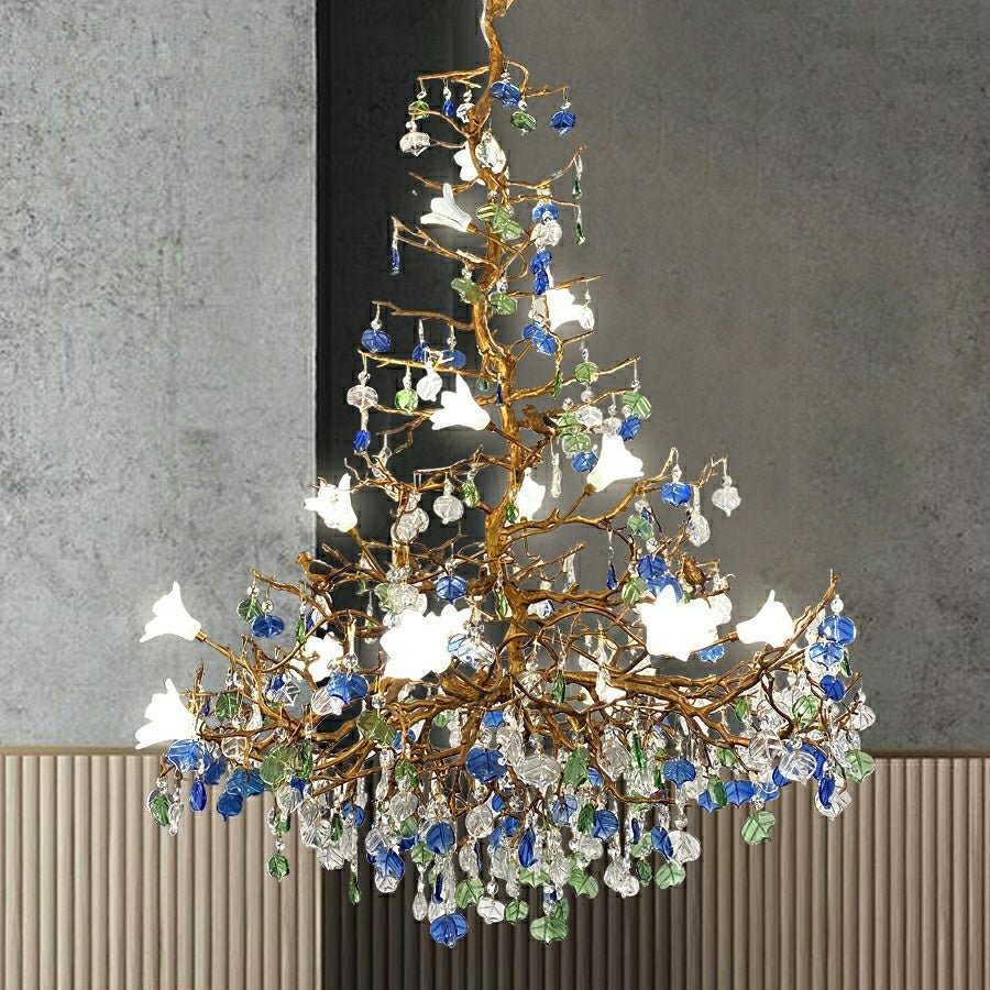 Stylish Colored Glaze Flower Crystal Chandelier Brass Tree Branch Ceiling Light For Living Room Hotel Hall - D35.4"*H43.3"/51kgWarm LightBlushlighting