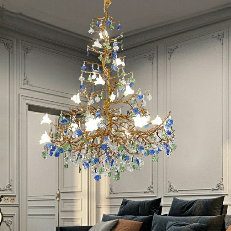 Stylish Colored Glaze Flower Crystal Chandelier Brass Tree Branch Ceiling Light For Living Room Hotel Hall - D35.4"*H43.3"/51kgWarm LightBlushlighting