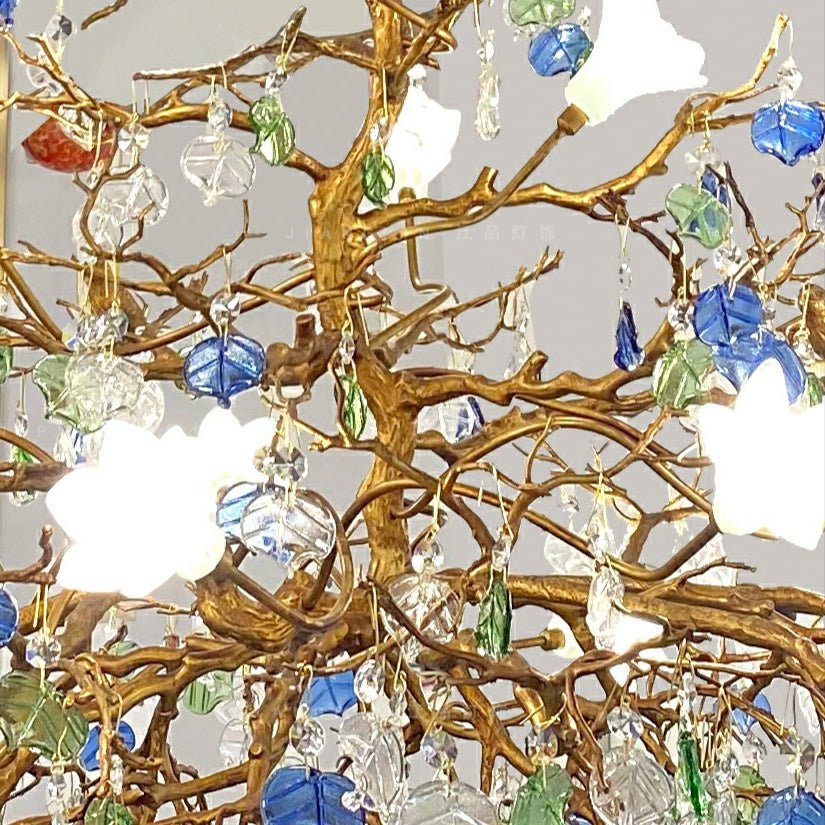 Stylish Colored Glaze Flower Crystal Chandelier Brass Tree Branch Ceiling Light For Living Room Hotel Hall - D35.4"*H43.3"/51kgWarm LightBlushlighting