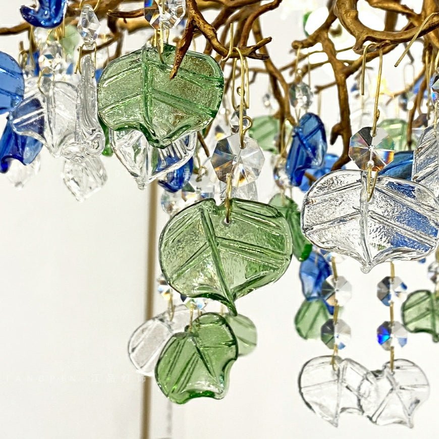 Stylish Colored Glaze Flower Crystal Chandelier Brass Tree Branch Ceiling Light For Living Room Hotel Hall - D35.4"*H43.3"/51kgWarm LightBlushlighting