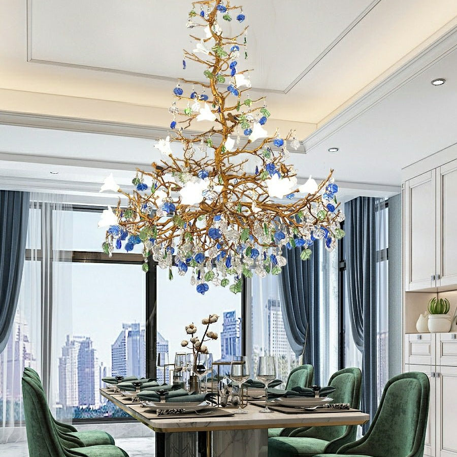 Stylish Colored Glaze Flower Crystal Chandelier Brass Tree Branch Ceiling Light For Living Room Hotel Hall - D35.4"*H43.3"/51kgWarm LightBlushlighting