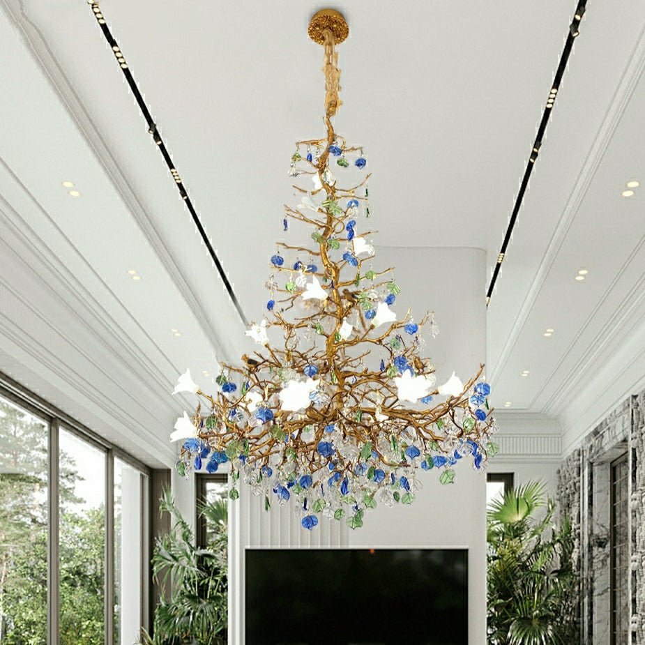 Stylish Colored Glaze Flower Crystal Chandelier Brass Tree Branch Ceiling Light For Living Room Hotel Hall - D35.4"*H43.3"/51kgWarm LightBlushlighting