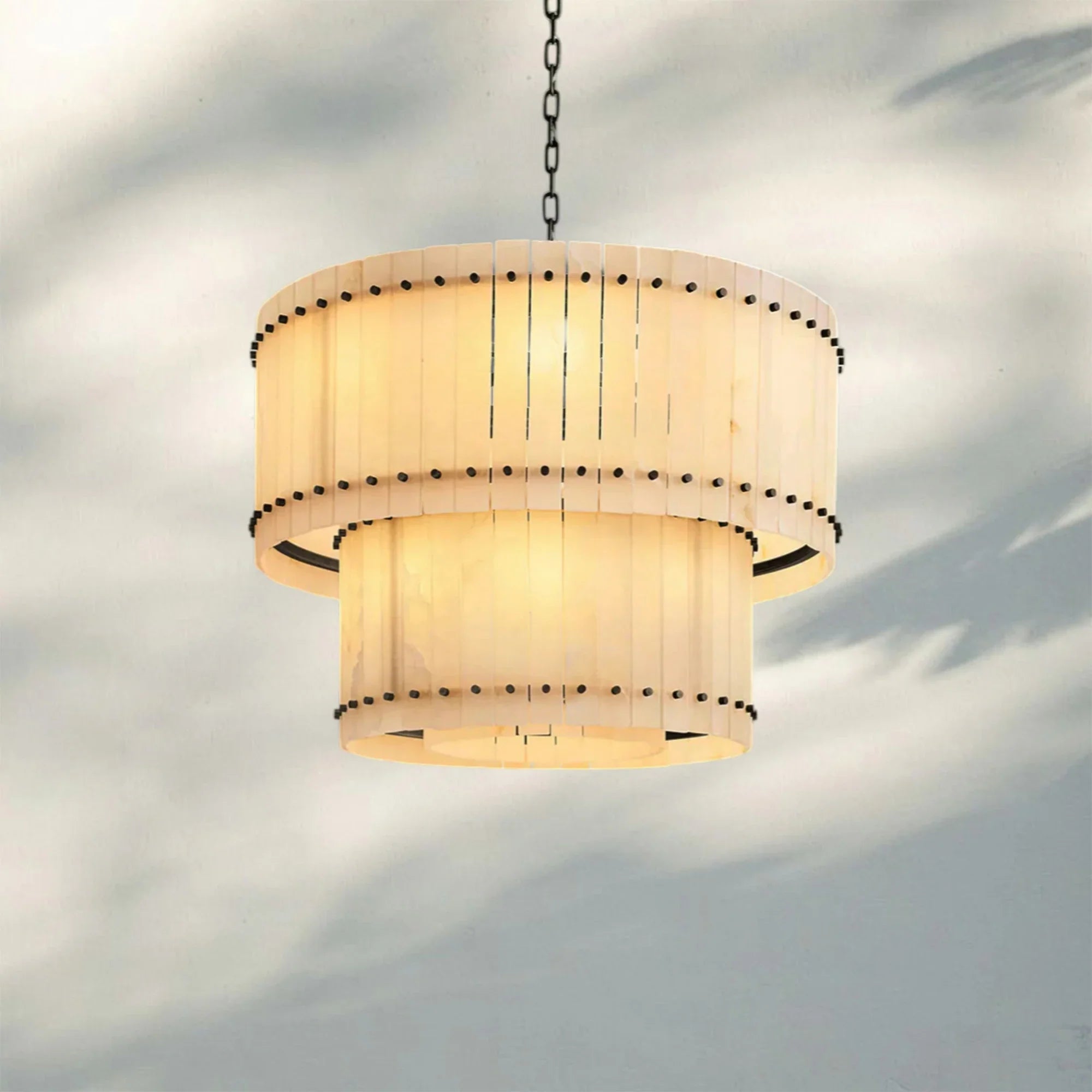 Sun Marco Alabaster Round Tiered Chandelier-37"-Bronze-