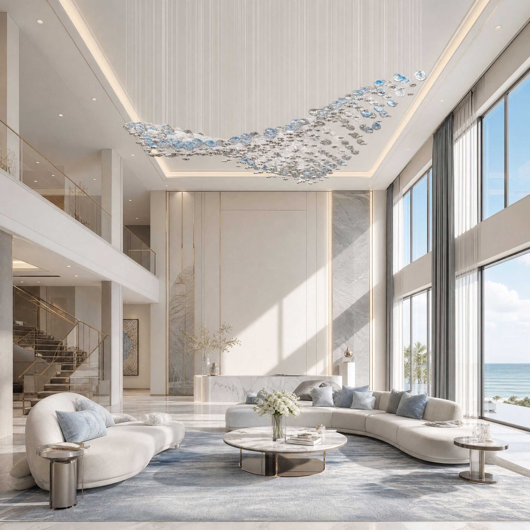 The Flying Surge LED Chandelier | Custom Size & Made-to-Order Lighting for Luxury Homes & Commercial Spaces - L 98.4" x W 47.2" x H 78.7" / L 250 x W 120cm x H 200cmBlue & GreyWarm LightBlushlighting