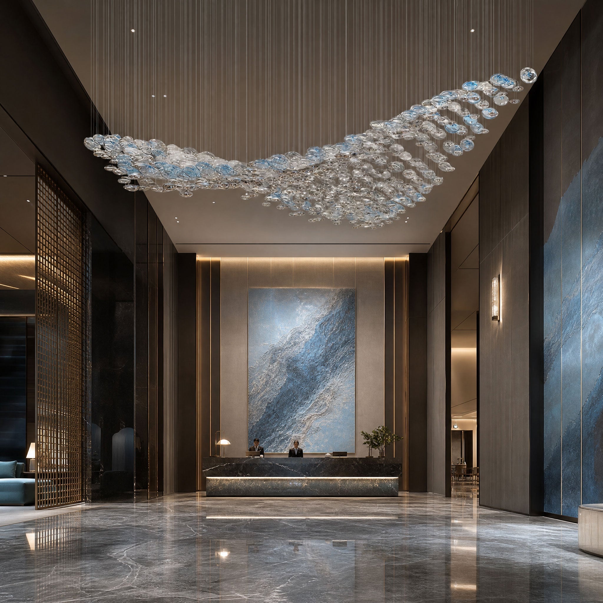 The Flying Surge LED Chandelier | Custom Size & Made-to-Order Lighting for Luxury Homes & Commercial Spaces - L 98.4" x W 47.2" x H 78.7" / L 250 x W 120cm x H 200cmBlue & GreyWarm LightBlushlighting