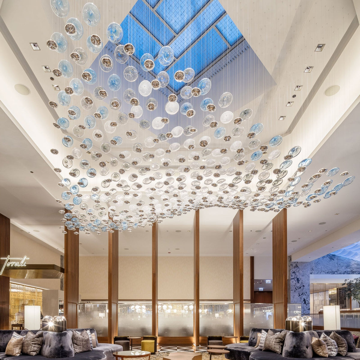 The Flying Surge LED Chandelier | Custom Size & Made-to-Order Lighting for Luxury Homes & Commercial Spaces - L 98.4" x W 47.2" x H 78.7" / L 250 x W 120cm x H 200cmBlue & GreyWarm LightBlushlighting