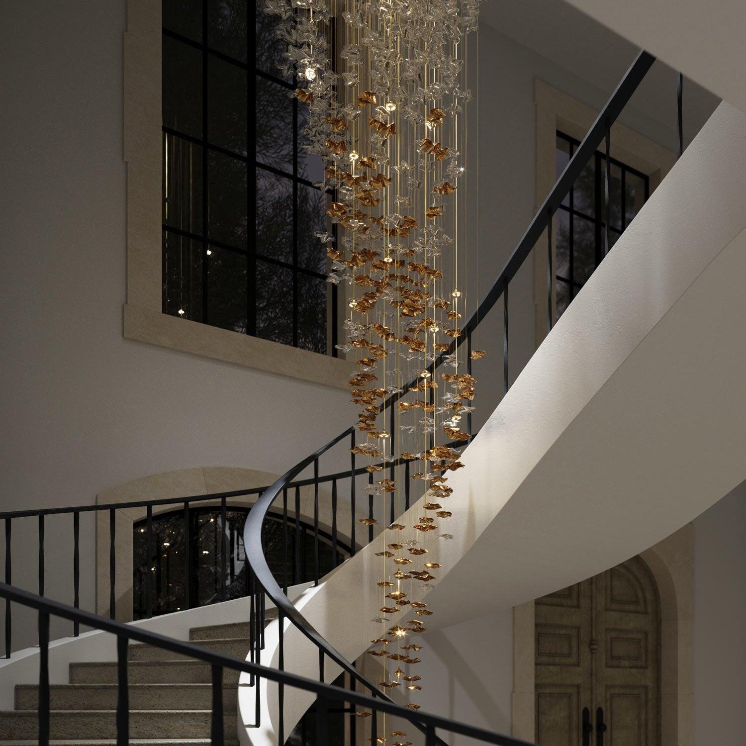 Tidal Art Glass Chandelier (With Canopy) - ∅ 58.3″ x H 118.1″Clear & GoldWarm LightBlushlighting