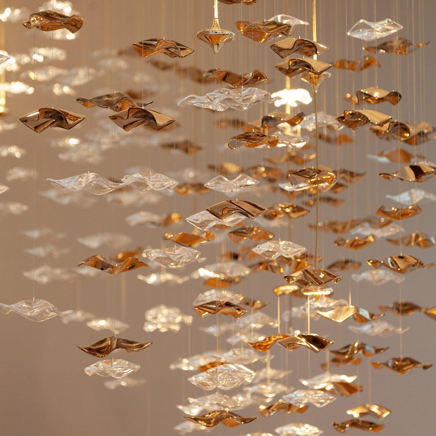 Tidal Art Glass Chandelier (With Canopy) - ∅ 58.3″ x H 118.1″Clear & GoldWarm LightBlushlighting