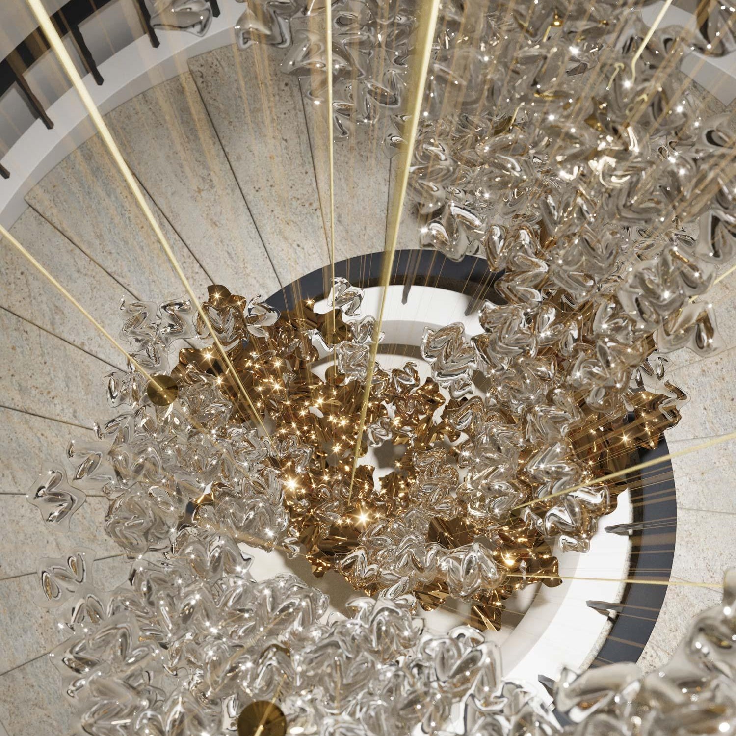 Tidal Art Glass Chandelier (With Canopy) - ∅ 58.3″ x H 118.1″Clear & GoldWarm LightBlushlighting