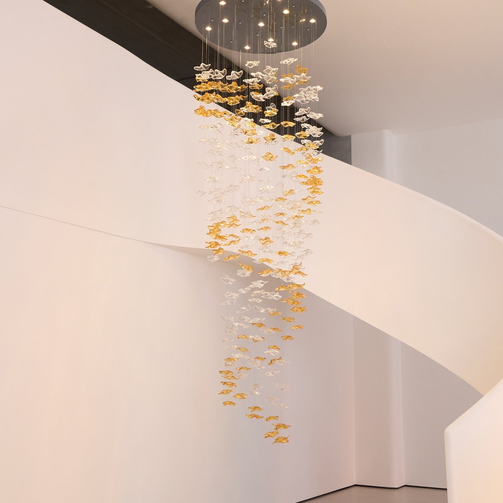 Tidal Art Glass Chandelier (With Canopy) - L 82.7″ x W 23.6″ x H 78.7″Clear & GoldWarm LightBlushlighting