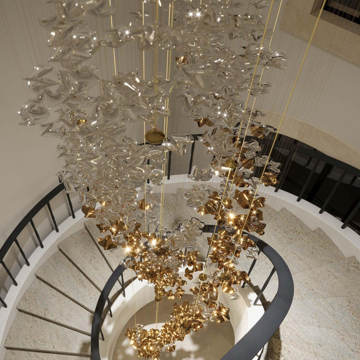 Tidal Art Glass Chandelier (With Canopy) - ∅ 58.3″ x H 118.1″Clear & GoldWarm LightBlushlighting