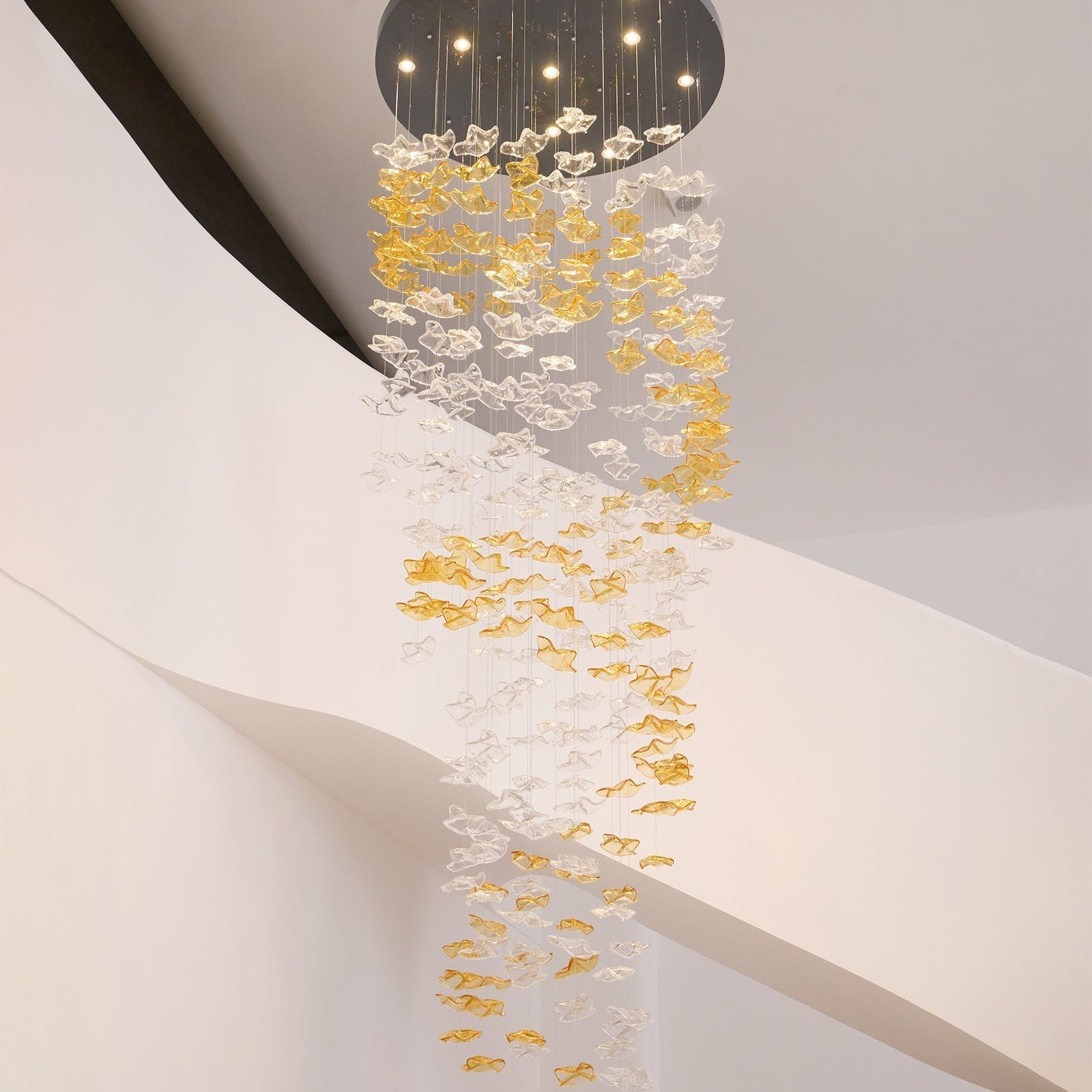 Tidal Art Glass Chandelier (With Canopy) - L 82.7″ x W 23.6″ x H 78.7″Clear & GoldWarm LightBlushlighting