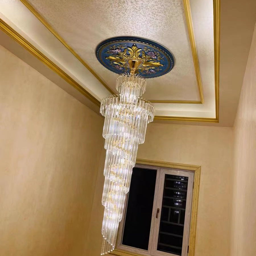 Tiered Foyer Staircase Spiral Crystal Chandelier Hotel Hall/ Entrance High Ceiling Pendant Lighting Fixture - D27.6"*H82.7"Blushlighting