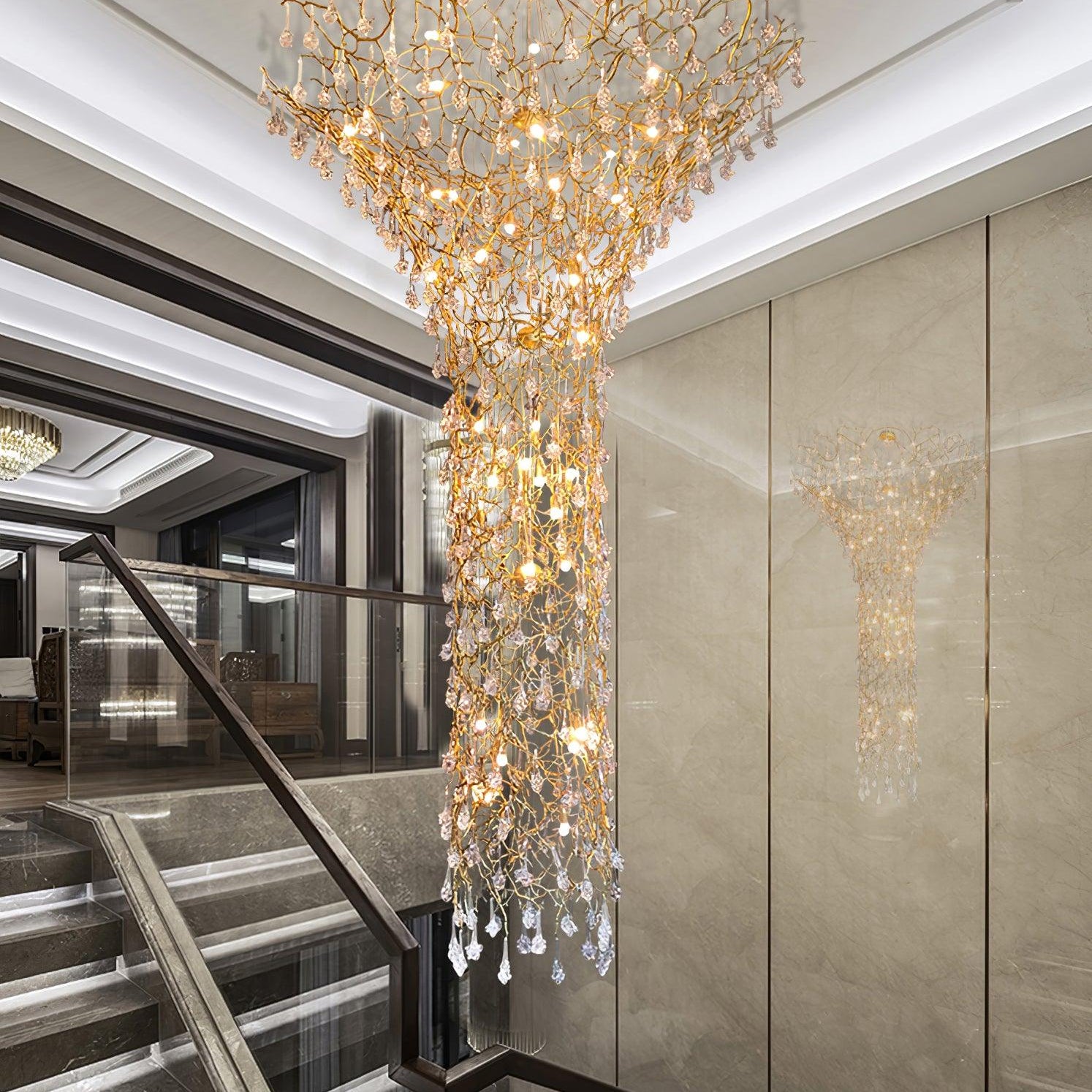 Tree Branch Staircase Chandelier - ∅ 59″ x H 141.7″ / Dia 150cm x H 360cmBrasssuitable for spaces over 12 feet(Weight over 300 lbs )Blushlighting