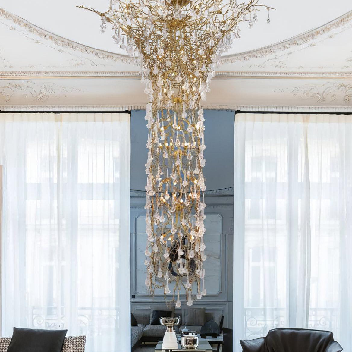 Tree Branch Staircase Chandelier - ∅ 59″ x H 141.7″ / Dia 150cm x H 360cmBrasssuitable for spaces over 12 feet(Weight over 300 lbs )Blushlighting