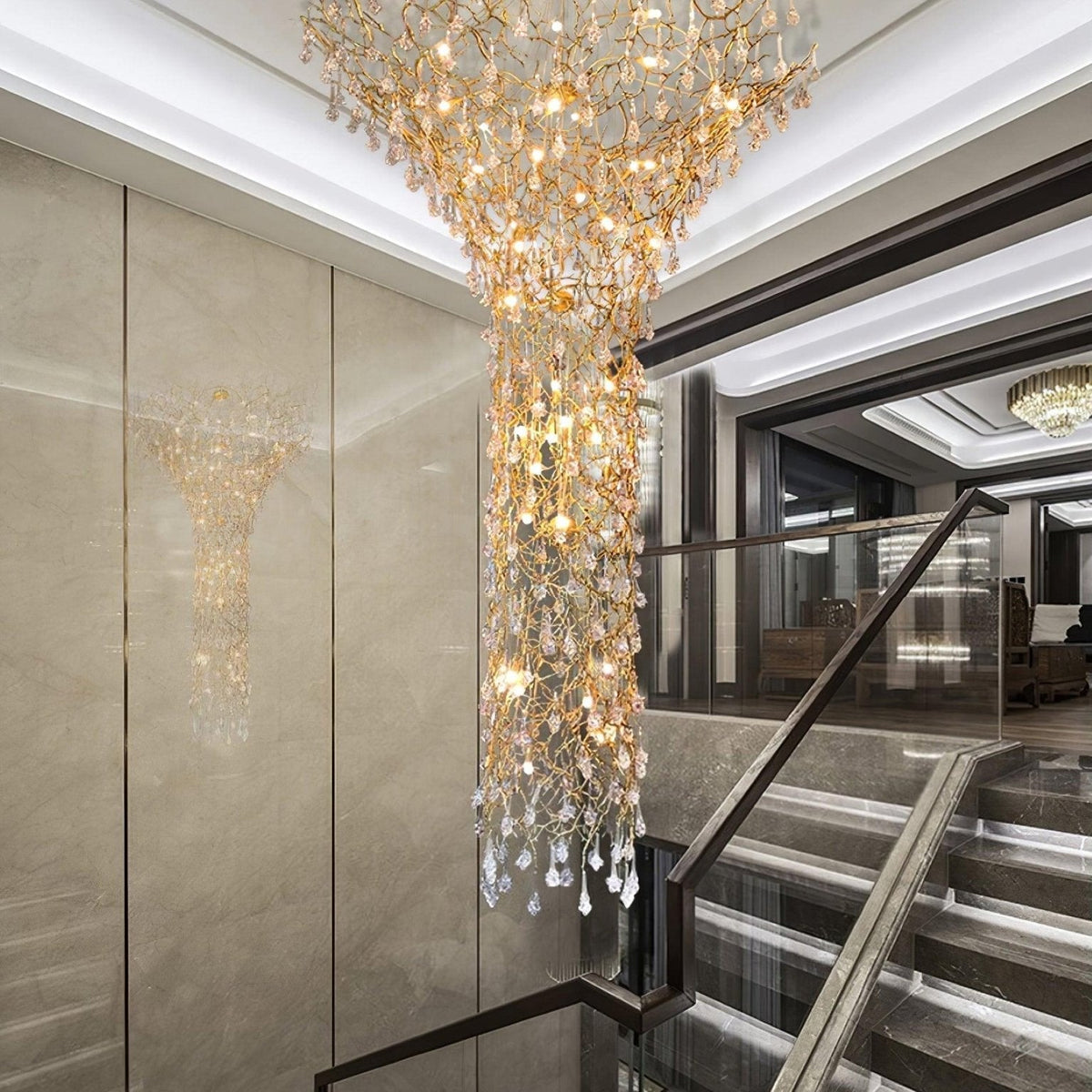 Tree Branch Staircase Chandelier - ∅ 59″ x H 141.7″ / Dia 150cm x H 360cmBrasssuitable for spaces over 12 feet(Weight over 300 lbs )Blushlighting