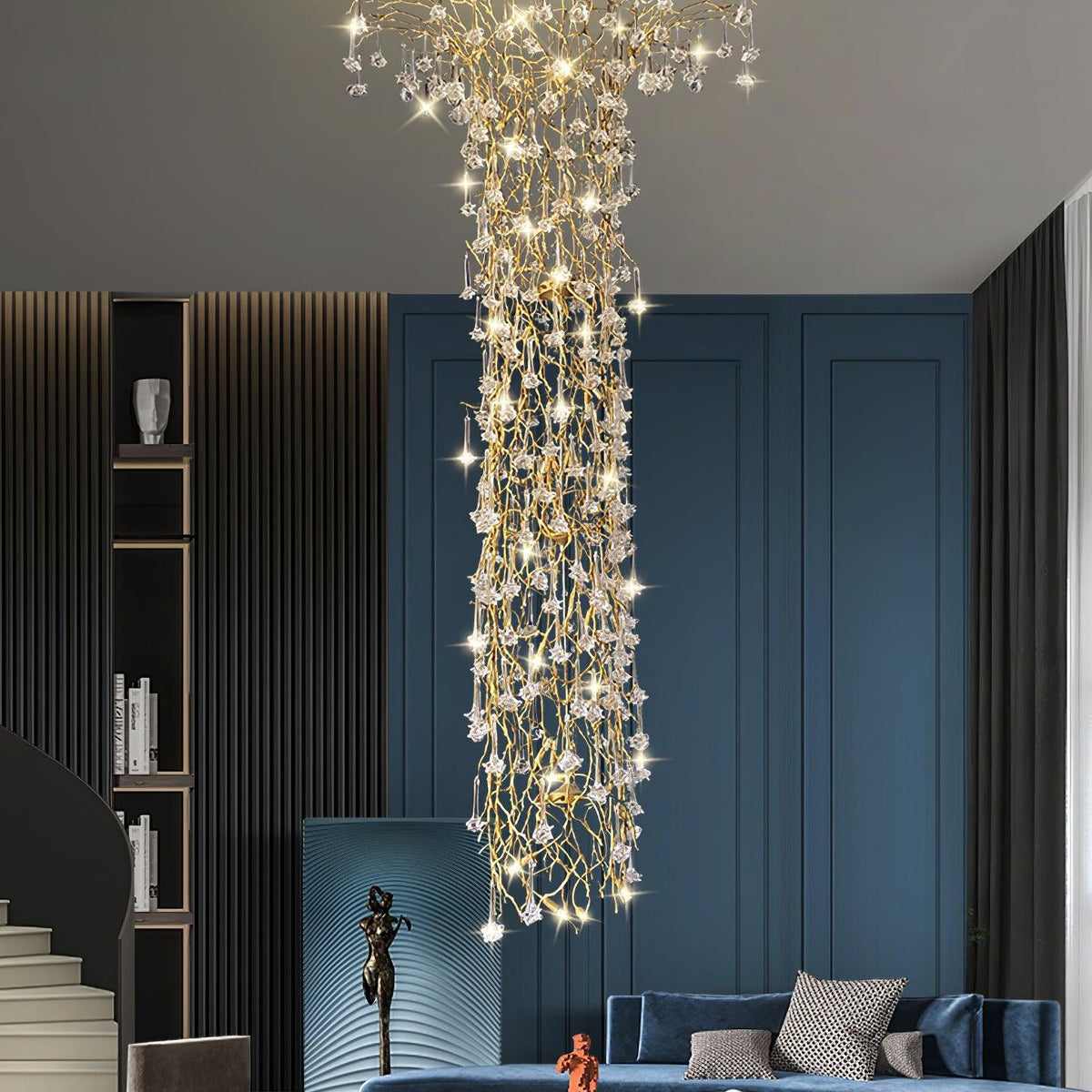 Tree Branch Staircase Chandelier - ∅ 59″ x H 141.7″ / Dia 150cm x H 360cmBrasssuitable for spaces over 12 feet(Weight over 300 lbs )Blushlighting