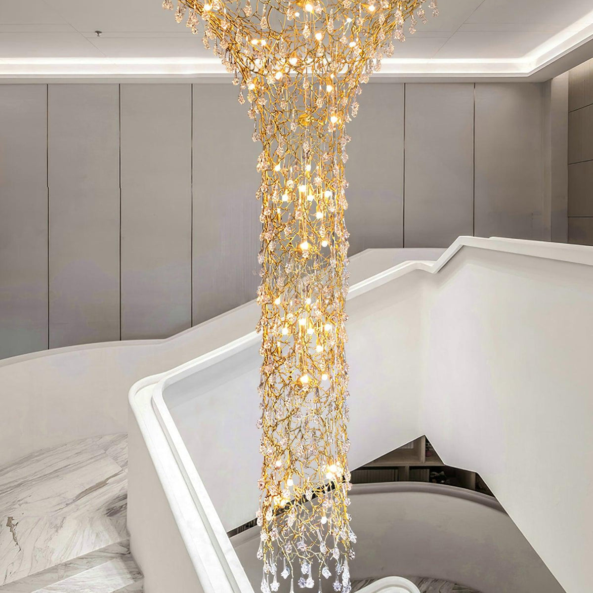 Tree Branch Staircase Chandelier - ∅ 59″ x H 141.7″ / Dia 150cm x H 360cmBrasssuitable for spaces over 12 feet(Weight over 300 lbs )Blushlighting
