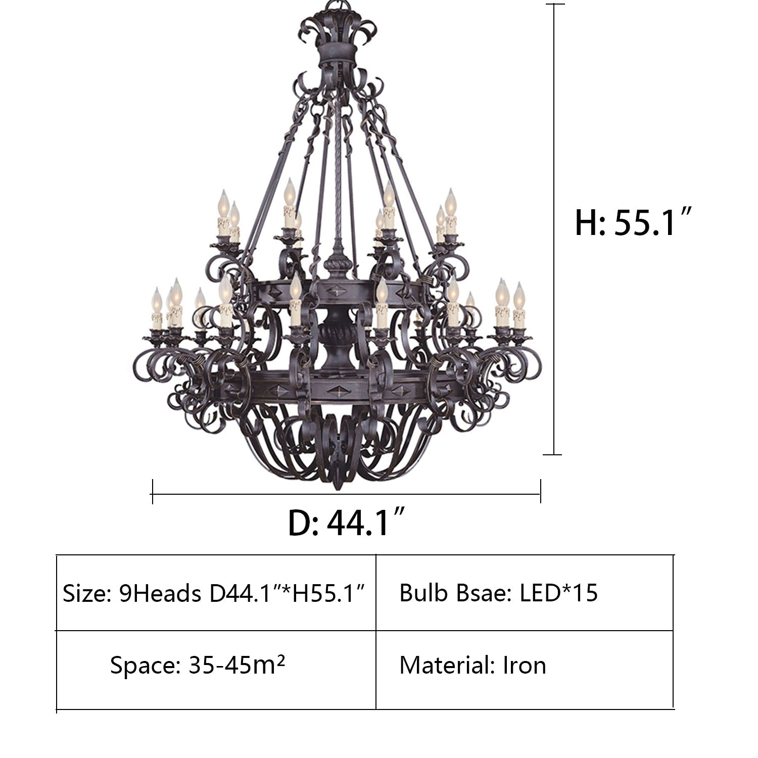 Vintage Iron Simple Candle Art Chandelier for Living Room / Villa / Stairs - 15 Lights: D44.1"*H55.1"Warm LightBlackBlushlighting