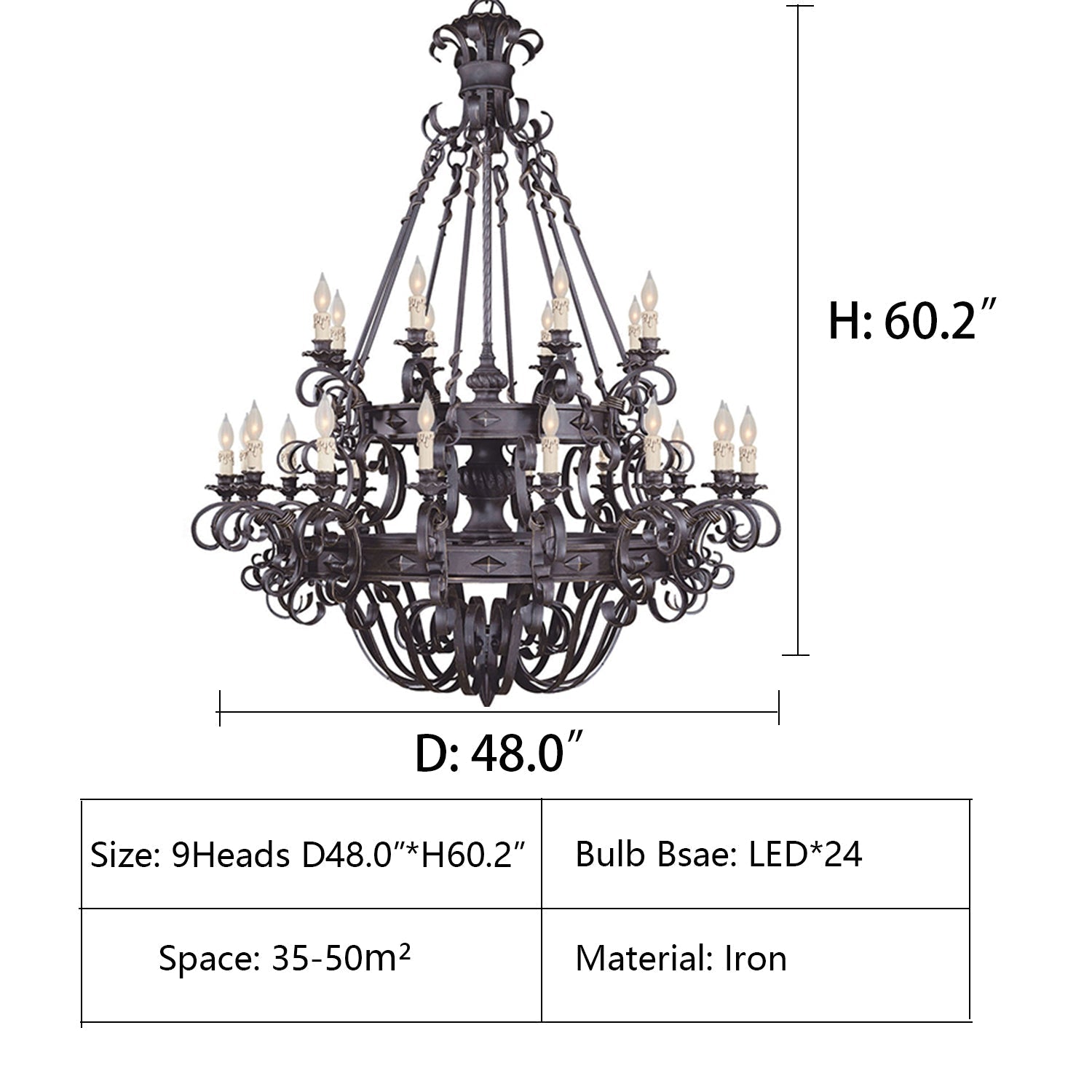 Vintage Iron Simple Candle Art Chandelier for Living Room / Villa / Stairs - 24 Lights: D48.0"*H60.2"/68.1kgWarm LightBlackBlushlighting