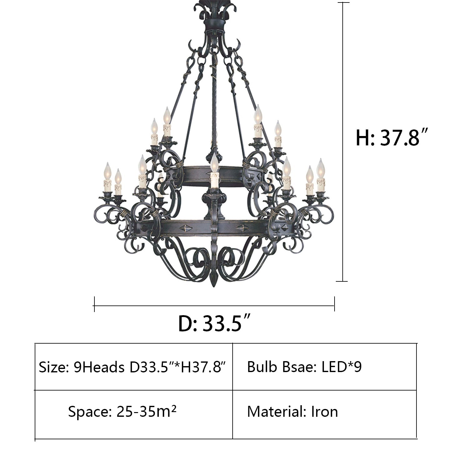 Vintage Iron Simple Candle Art Chandelier for Living Room / Villa / Stairs - 9 Lights: D33.5"*H37.8"Warm LightBlackBlushlighting