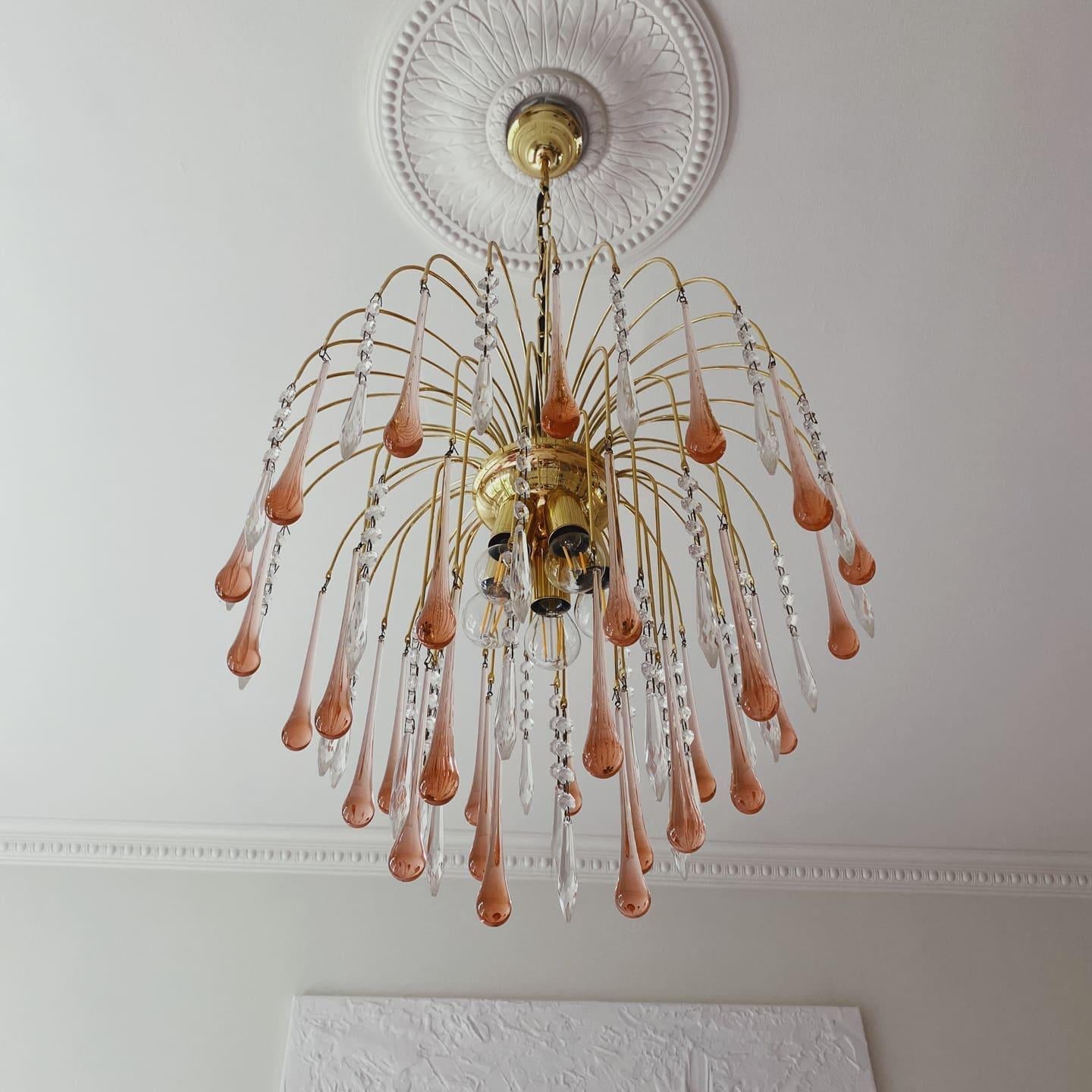 Vintage – Murano Teardrops Chandelier – 70s – Pink prisms-Chandelier-Blushlighting-Blushlighting