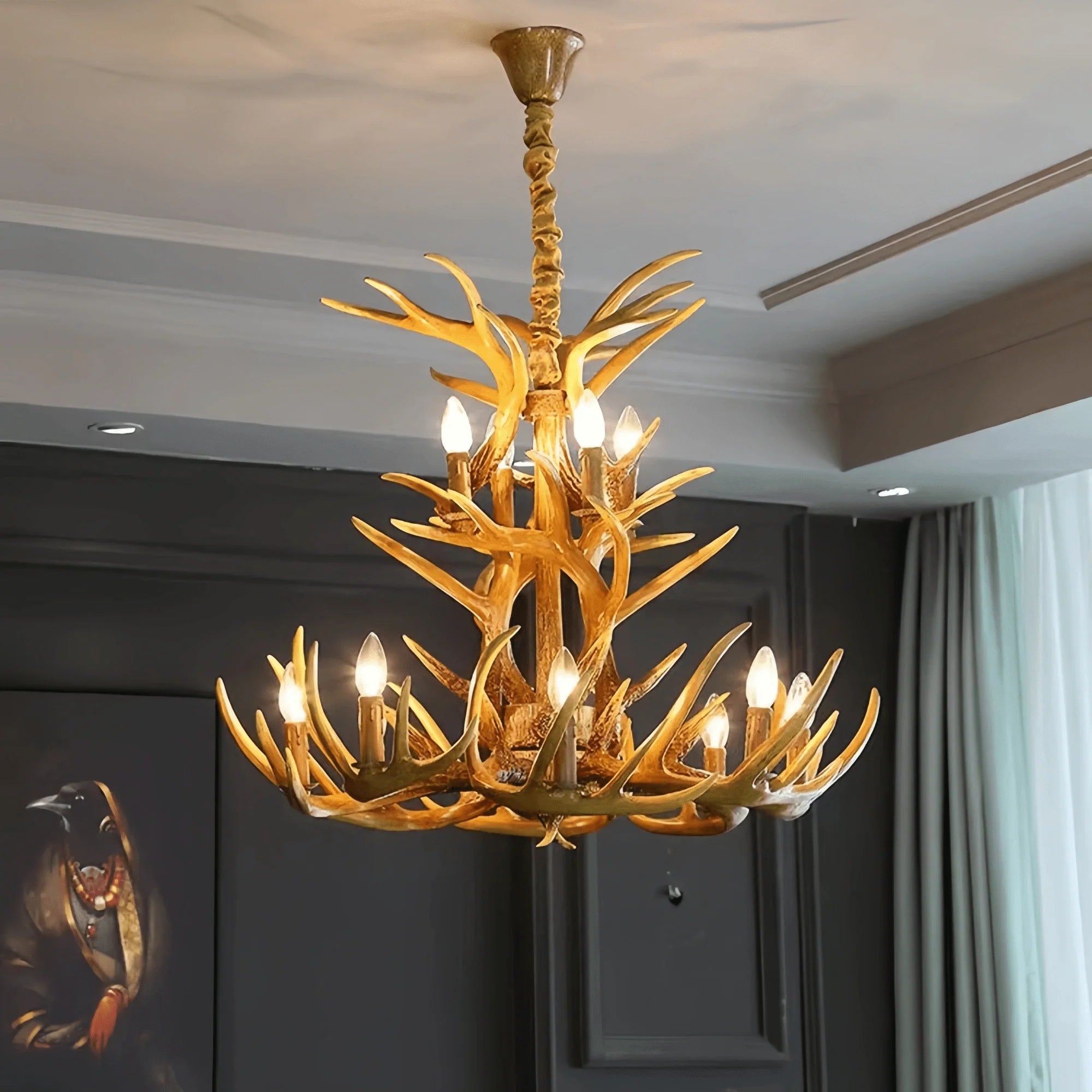 Vintage Rustic Resin Antler Candelabra Chandelier for Living Room / Restaurant / Cafe / Bar - 1Layer: 9 Lights D33.5"*H15.7"BrownWarm LightBlushlighting