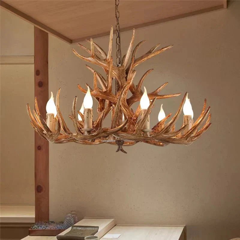 Vintage Rustic Resin Antler Candelabra Chandelier for Living Room / Restaurant / Cafe / Bar - 1Layer: 6 Lights D25.6"*H15.7"BrownWarm LightBlushlighting