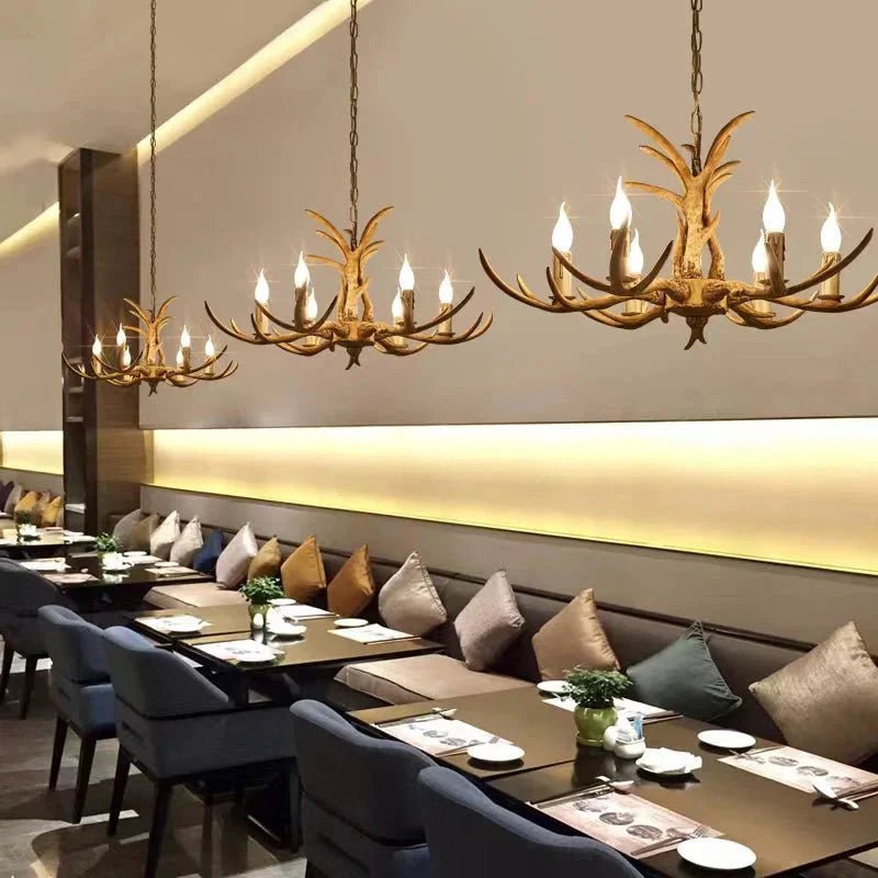 Vintage Rustic Resin Antler Candelabra Chandelier for Living Room / Restaurant / Cafe / Bar - 1Layer: 6 Lights D25.6"*H15.7"BrownWarm LightBlushlighting