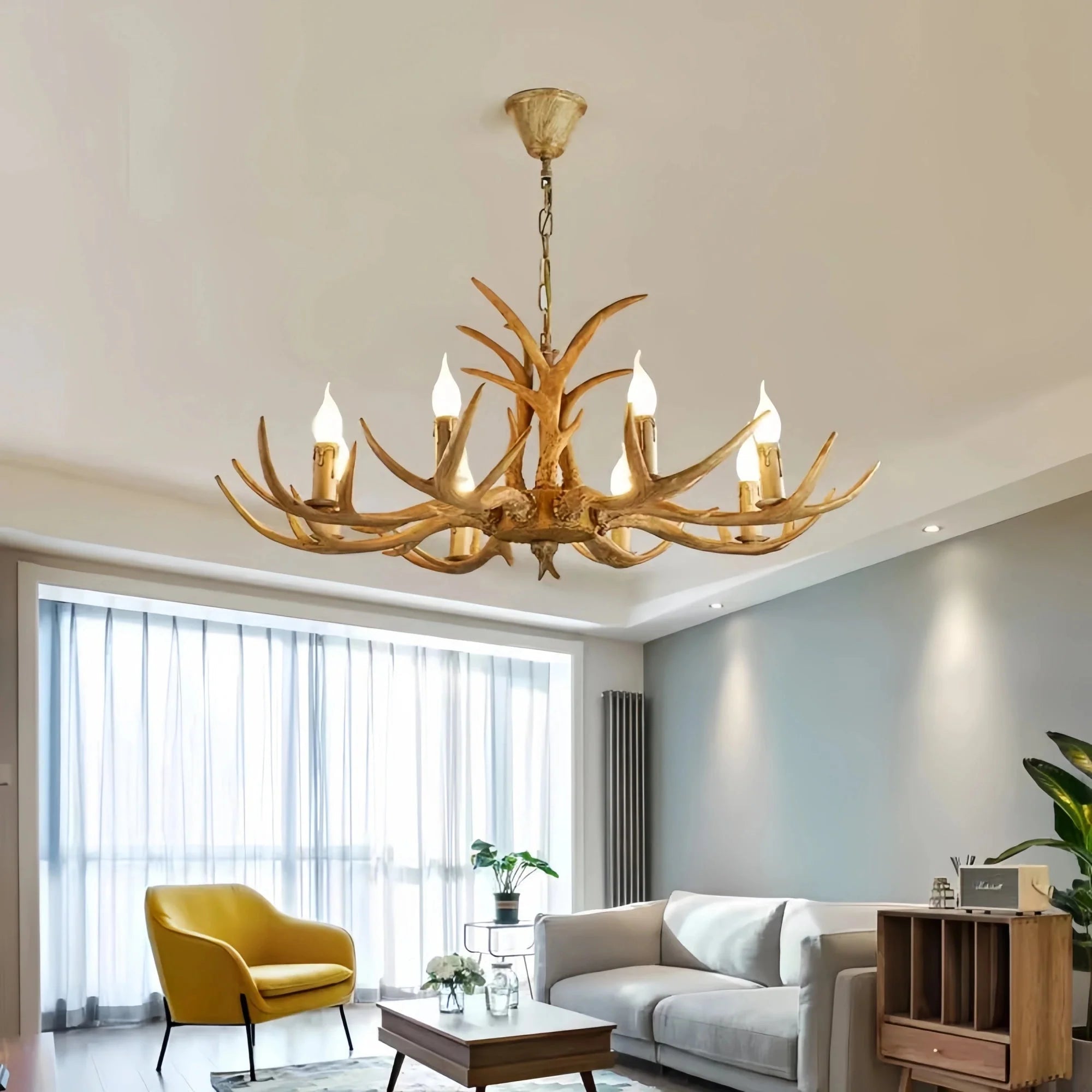 Vintage Rustic Resin Antler Candelabra Chandelier for Living Room / Restaurant / Cafe / Bar - 1Layer: 6 Lights D25.6"*H15.7"BrownWarm LightBlushlighting