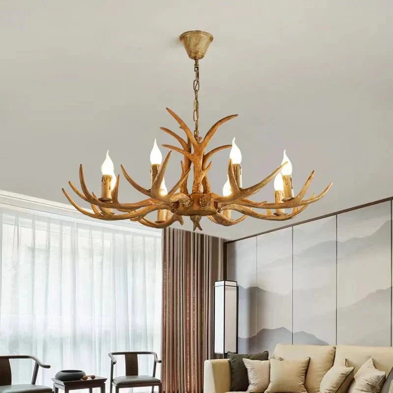 Vintage Rustic Resin Antler Candelabra Chandelier for Living Room / Restaurant / Cafe / Bar - 1Layer: 9 Lights D33.5"*H15.7"BrownWarm LightBlushlighting
