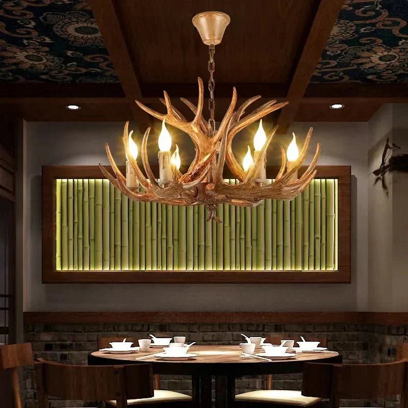 Vintage Rustic Resin Antler Candelabra Chandelier for Living Room / Restaurant / Cafe / Bar - 1Layer: 9 Lights D33.5"*H15.7"BrownWarm LightBlushlighting