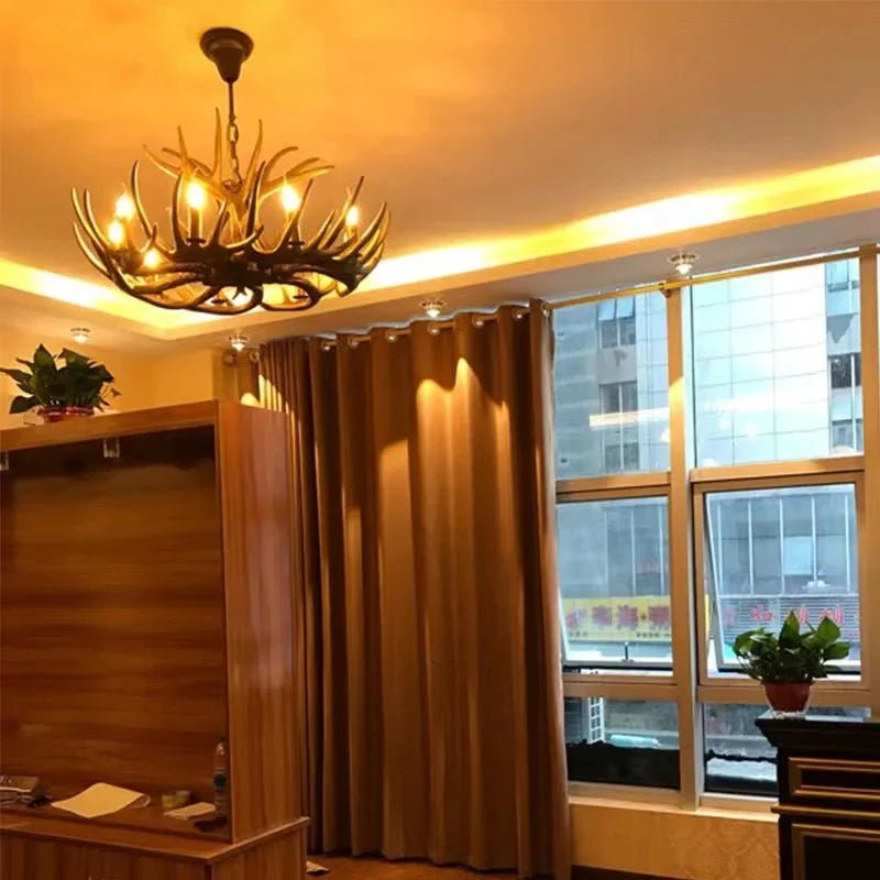 Vintage Rustic Resin Antler Candelabra Chandelier for Living Room / Restaurant / Cafe / Bar - 1Layer: 9 Lights D33.5"*H15.7"BrownWarm LightBlushlighting