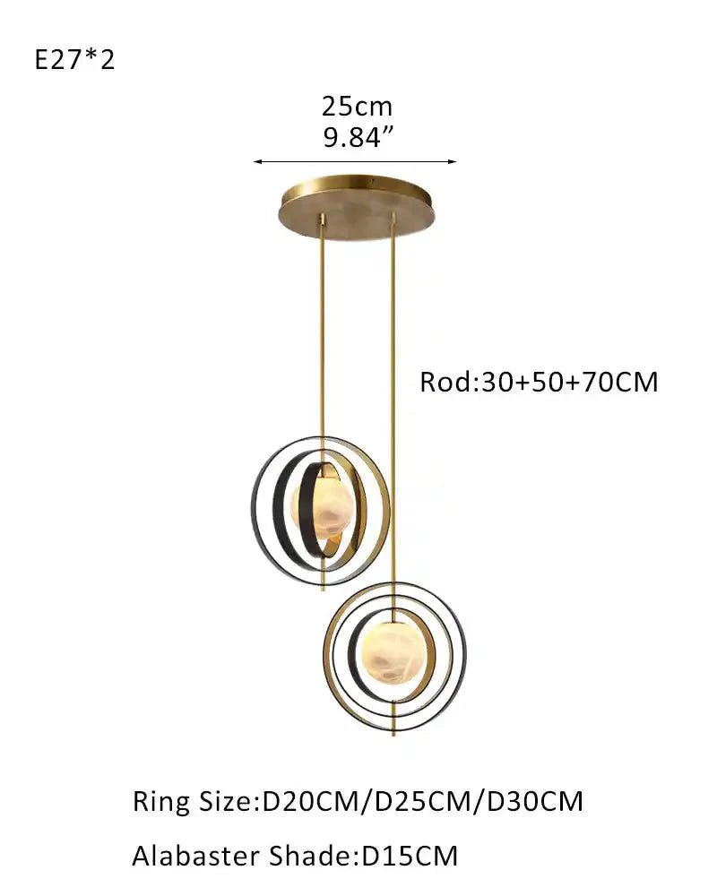 White Alabaster Round Ceiling Pendant Lamp - Gold & Bronze Rotatable Ring - 2 light - L70*W57*H71CM/L28"*W23"*H28" - RoundBlushlighting