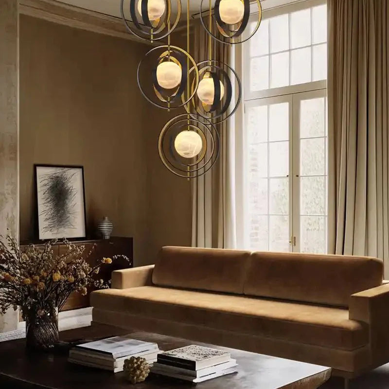 White Alabaster Round Ceiling Pendant Lamp - Gold & Bronze Rotatable Ring - Blushlighting