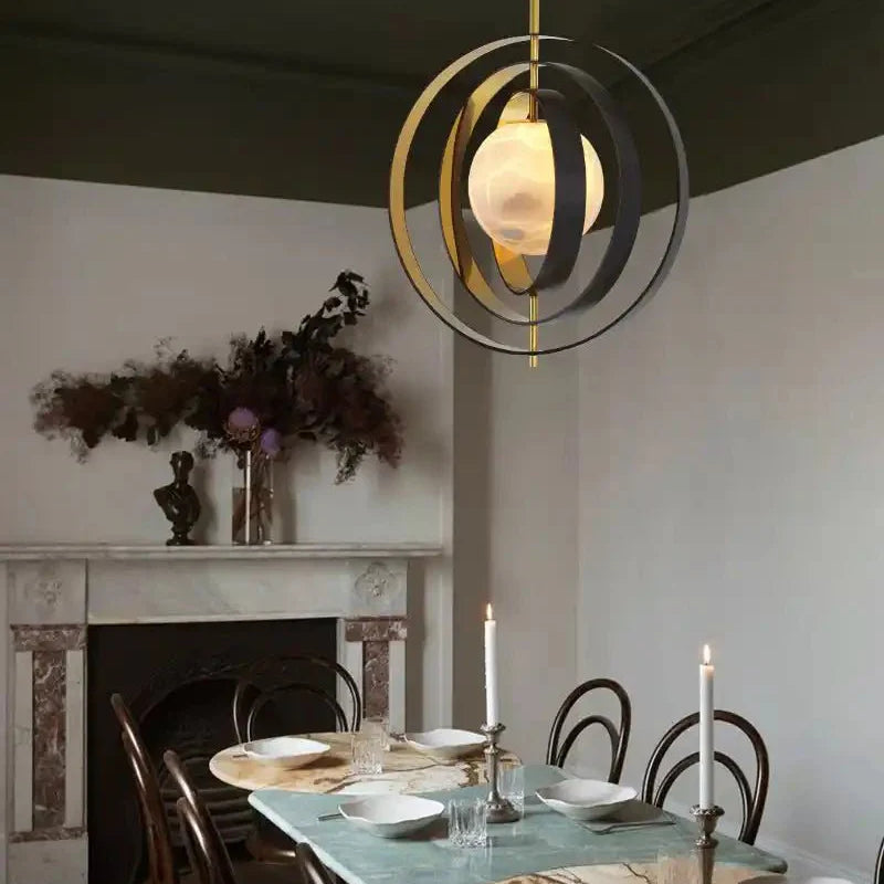 White Alabaster Round Ceiling Pendant Lamp - Gold & Bronze Rotatable Ring - Blushlighting