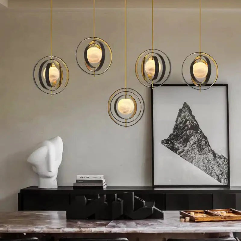 White Alabaster Round Ceiling Pendant Lamp - Gold & Bronze Rotatable Ring - Blushlighting