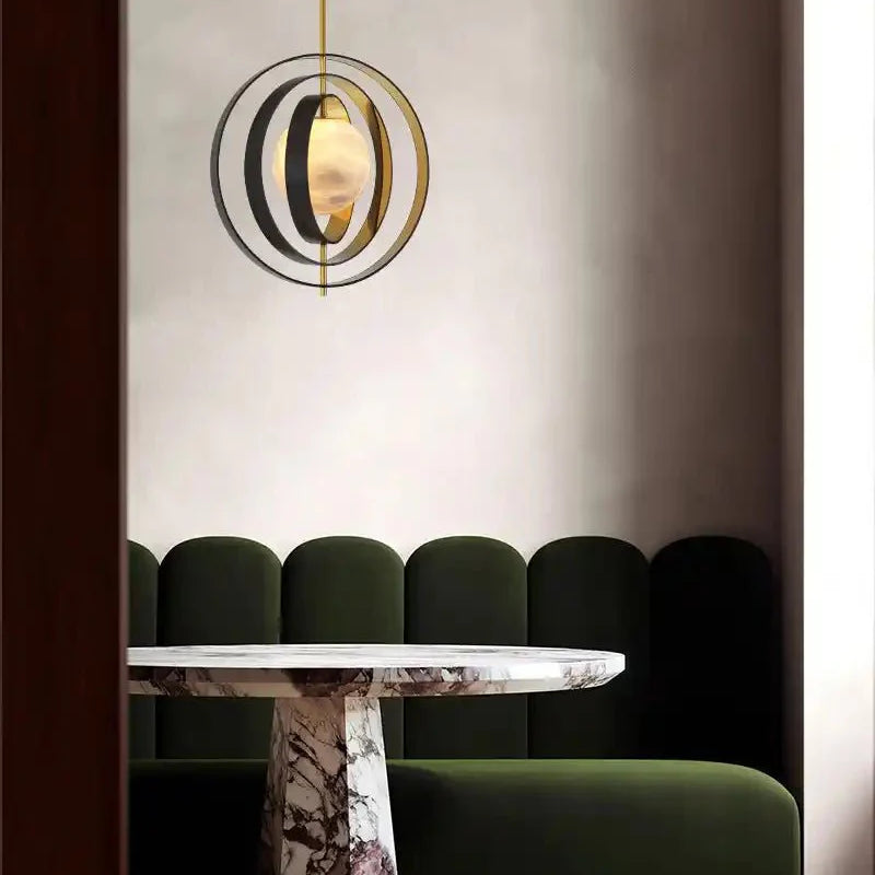 White Alabaster Round Ceiling Pendant Lamp - Gold & Bronze Rotatable Ring - Blushlighting