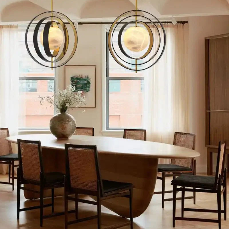 White Alabaster Round Ceiling Pendant Lamp - Gold & Bronze Rotatable Ring - Blushlighting