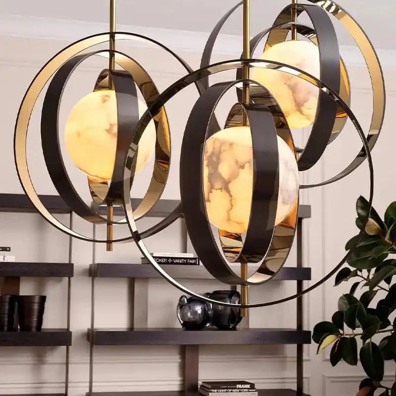 White Alabaster Round Ceiling Pendant Lamp - Gold & Bronze Rotatable Ring - Blushlighting